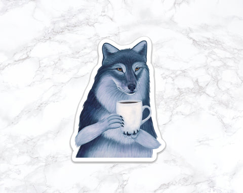 Gray Wolf With Coffee Sticker, Water Bottle Stickers, Laptop Stickers, Laptop Decals, Funny Stickers