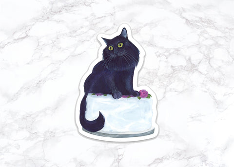 Black Cat with Cake Sticker, Funny Cat Sticker, Water Bottle Stickers, Laptop Stickers, Laptop Decals, Funny Stickers, Watercolor Stickers