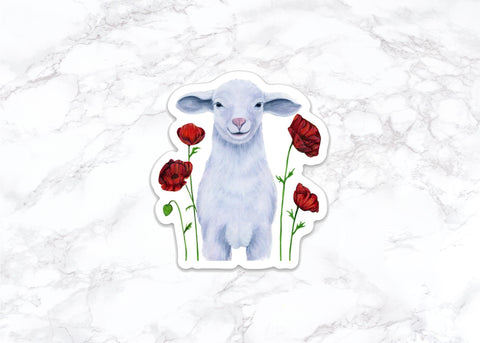 Lamb with Poppies Sticker, Water Bottle Stickers, Laptop Stickers, Laptop Decals, Funny Stickers, Watercolor Stickers