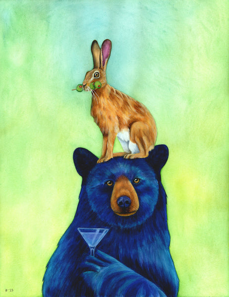 Martini Mondays - Black Bear and Hare with Martini, Watercolor Painting